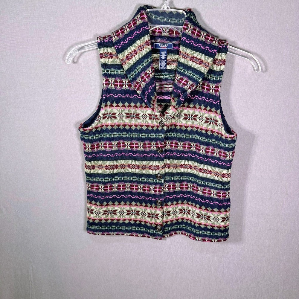 Chaps Womens Fair Isle Sweater Vest Navy Shawl Collar Size M Eclectic Grannycore